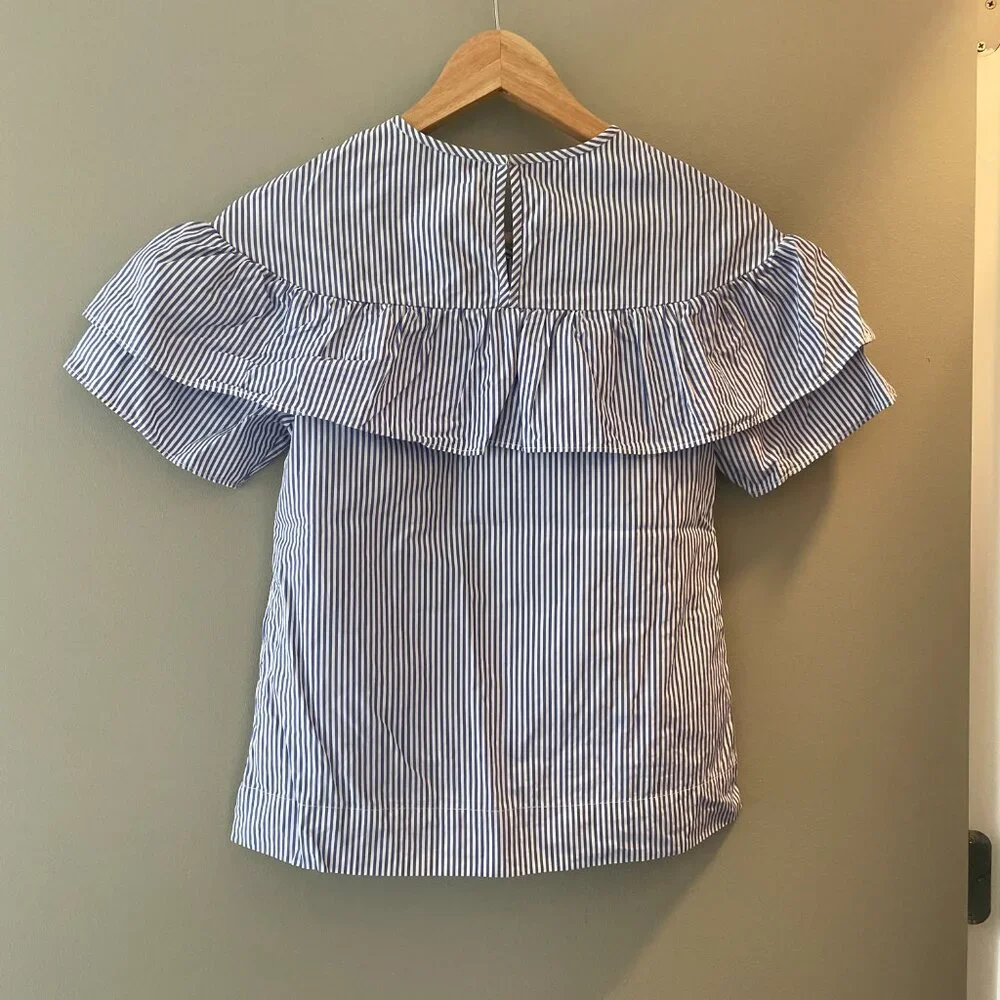 NWOT J.Crew Edie Ruffle Stripe Cotton Top Blue White Size 000